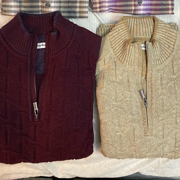 Tommy Bahama button ups and quarter zip sweaters